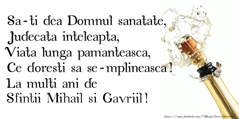 Felicitari aniversare De Sfintii Mihail si Gavril - Sa-ti dea Domnul sanatate, Judecata inteleapta, Viata lunga pamanteasca, Ce doresti sa se-mplineasca! La multi ani de Sfintii Mihail si Gavriil!