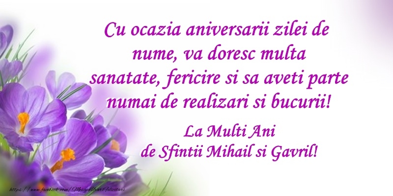 Felicitari aniversare De Sfintii Mihail si Gavril - Cu ocaza sarbatorii zilei tale de nume, va doresc multa sanatate, fericire si sa aveti parte numai de realizari si bucurii! La multi ani de Sfintii Mihail si Gavril!