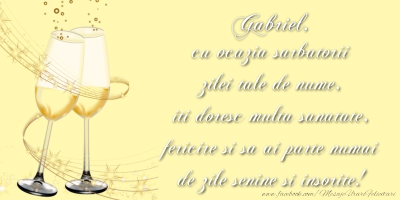 Felicitari aniversare De Sfintii Mihail si Gavril - Gabriel cu ocazia sarbatorii zilei tale de nume, iti doresc multa sanatate, fericire si sa ai parte numai de zile senine si insorite!