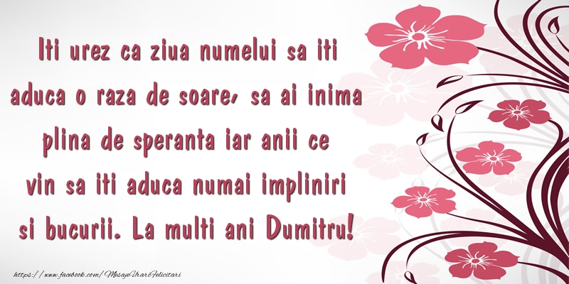 Felicitari aniversare De Sfantul Dumitru - Iti urez ca ziua numelui sa iti aduca o raza de soare ... La multi ani Dumitru!