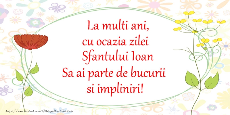 Felicitari aniversare De Sfantul Ioan - La multi ani, cu ocazia zilei Sfantului Ioan Sa ai parte de bucurii si impliniri!