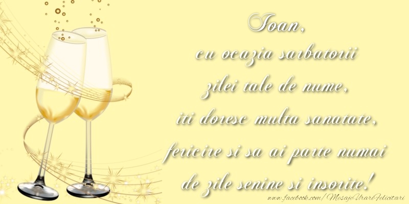 Felicitari aniversare De Sfantul Ioan - Ioan cu ocazia sarbatorii zilei tale de nume, iti doresc multa sanatate, fericire si sa ai parte numai de zile senine si insorite!