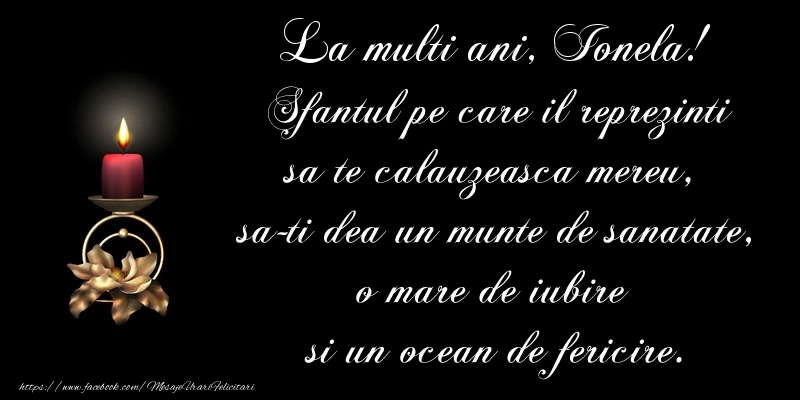 Felicitari aniversare De Sfantul Ioan - La multi ani, Ionela! Sfantul pe care il reprezinti sa te calauzeasca mereu,  sa-ti dea un munte de sanatate, o mare de iubire  si un ocean de fericire.