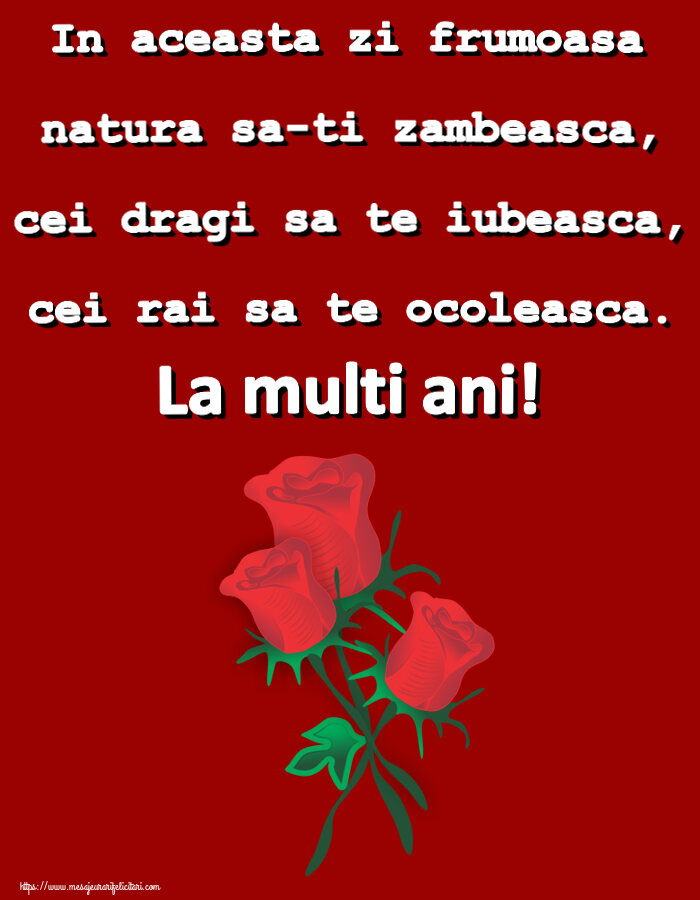 Felicitari aniversare De Zi De Nastere - In aceasta zi frumoasa natura sa-ti zambeasca, cei dragi sa te iubeasca, cei rai sa te ocoleasca. La multi ani!