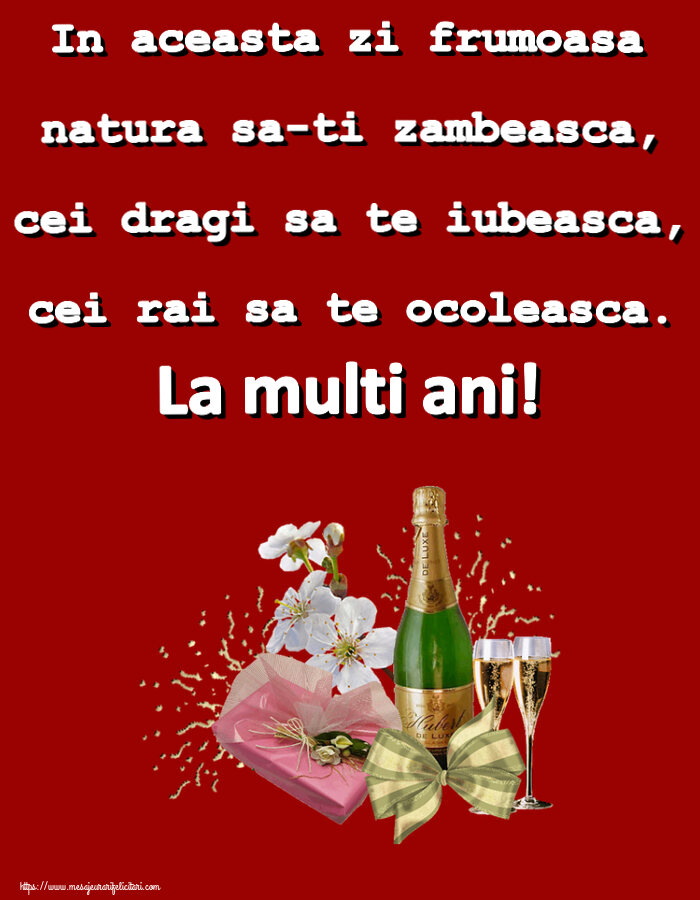 Felicitari aniversare De Zi De Nastere - In aceasta zi frumoasa natura sa-ti zambeasca, cei dragi sa te iubeasca, cei rai sa te ocoleasca. La multi ani!