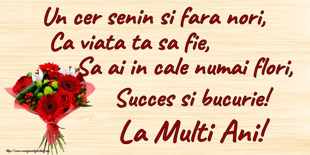 Felicitari aniversare De Zi De Nastere - Un cer senin si fara nori, Ca viata ta sa fie, Sa ai in cale numai flori, Succes si bucurie! La Multi Ani!