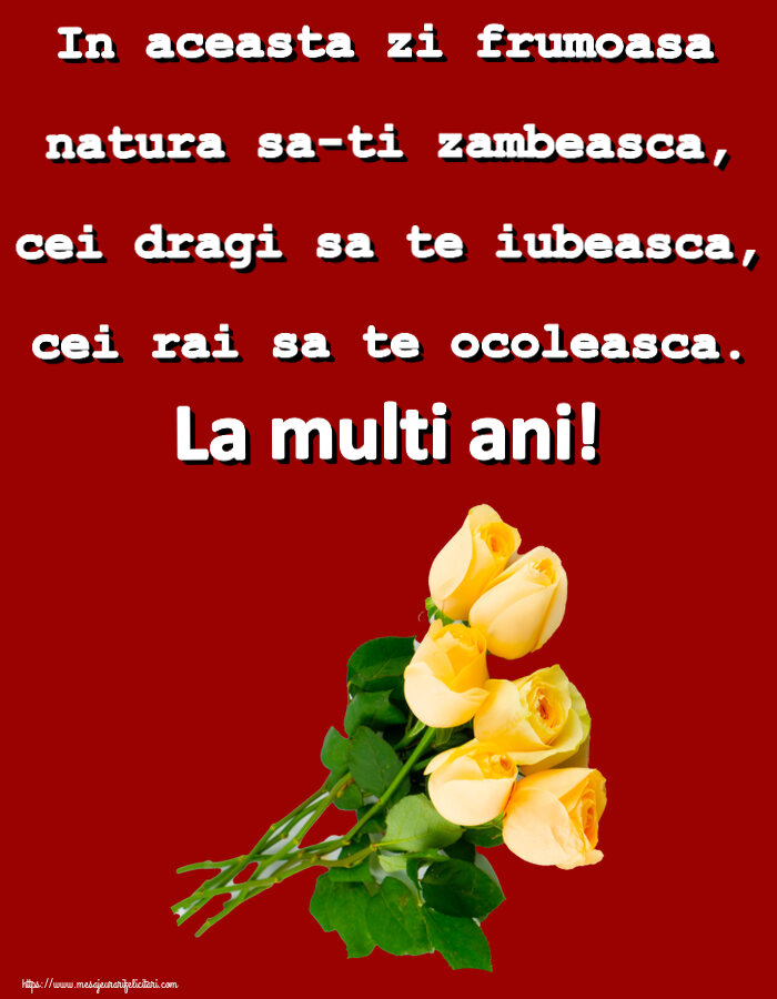 Felicitari aniversare De Zi De Nastere - In aceasta zi frumoasa natura sa-ti zambeasca, cei dragi sa te iubeasca, cei rai sa te ocoleasca. La multi ani!