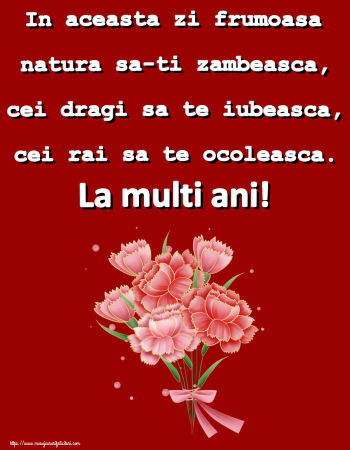 Felicitari aniversare De Zi De Nastere - In aceasta zi frumoasa natura sa-ti zambeasca, cei dragi sa te iubeasca, cei rai sa te ocoleasca. La multi ani!